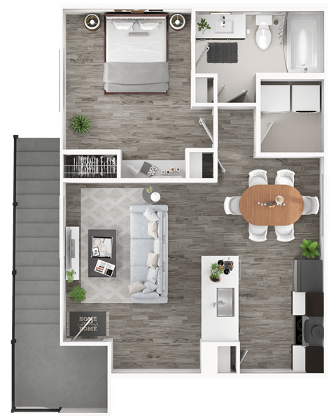 Floor plan for 1 bed, 1 bath, 644 sqft